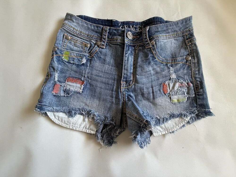 Grace High Waist Denim Shorts Womens 27 Blue Patchwork Distressed Cutoff Y2K